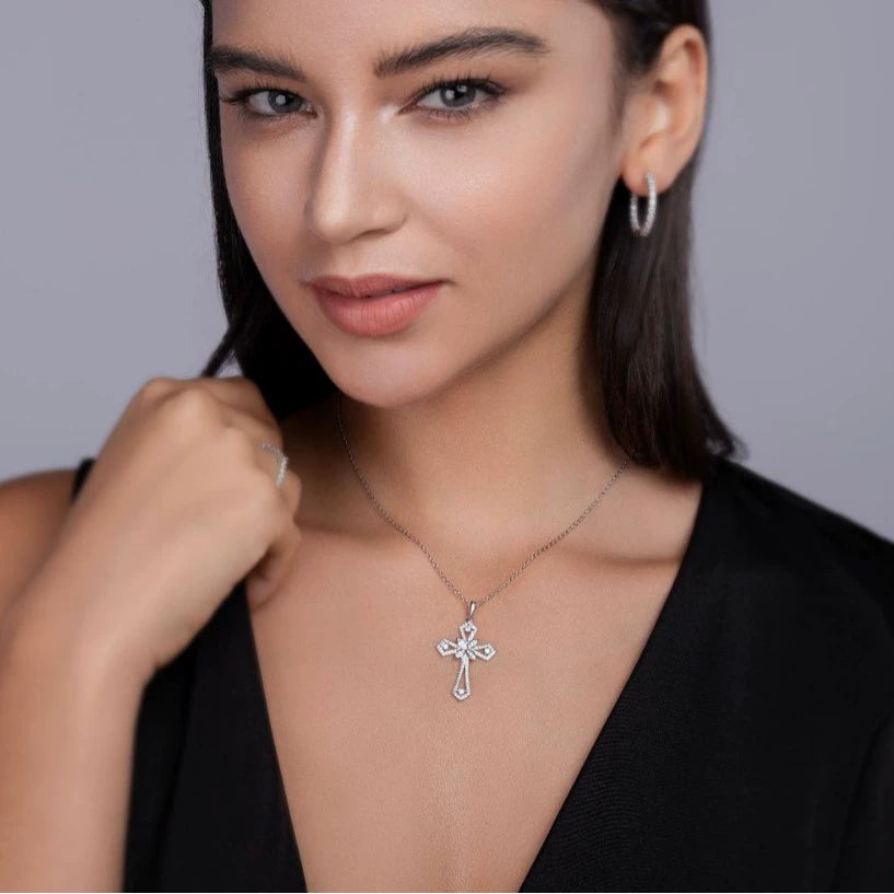 Moissanite Cross Pendant Necklace in Sterling Silver with White Gold Plating with GRA Certificate