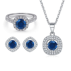 Elegant 3-Piece Sterling Silver Jewelry Set with Round Simulated Diamonds and Halo Design-Sapphire