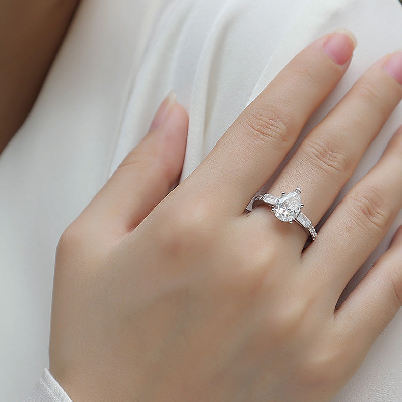 Pear-Shaped 2-Carat Moissanite Engagement Ring in White Gold-Plated Sterling Silver with GRA Certificate