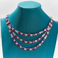 Three-Layer Rose Pink Necklace Set with Simulated Diamonds in White Gold-Plated Copper