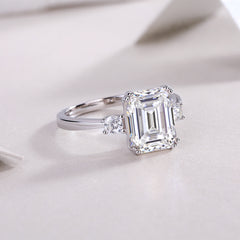 Three-Stone 3-Carat Emerald Cut Moissanite Engagement Ring in Sterling Silver with GRA Certificate