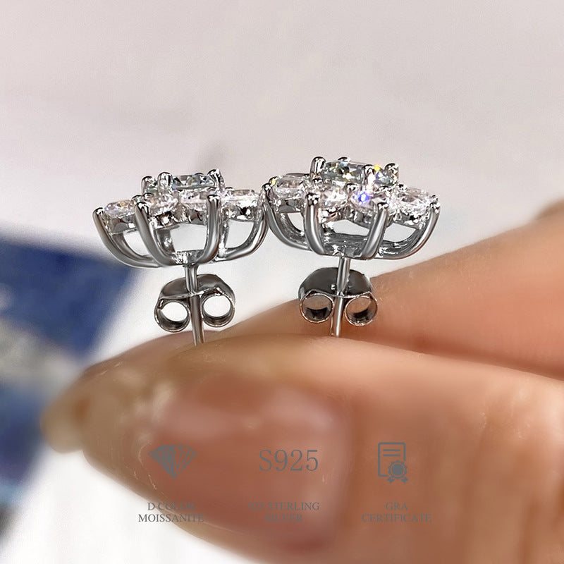 Floral Moissanite Stud Earrings in Sterling Silver with White Gold Plating with GRA Certificate