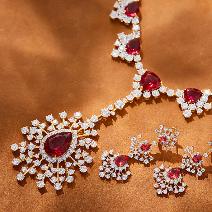 Simulated Ruby Pear-Cut Necklace and Earrings Set in 18K Gold-Plated Copper