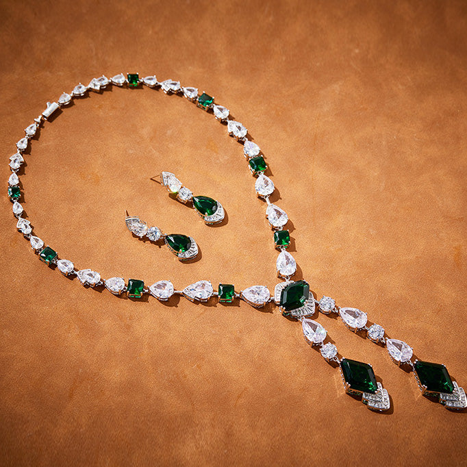 Vintage-Inspired Lab-Grown Emerald Necklace and Earrings Set in White Gold-Plated Copper