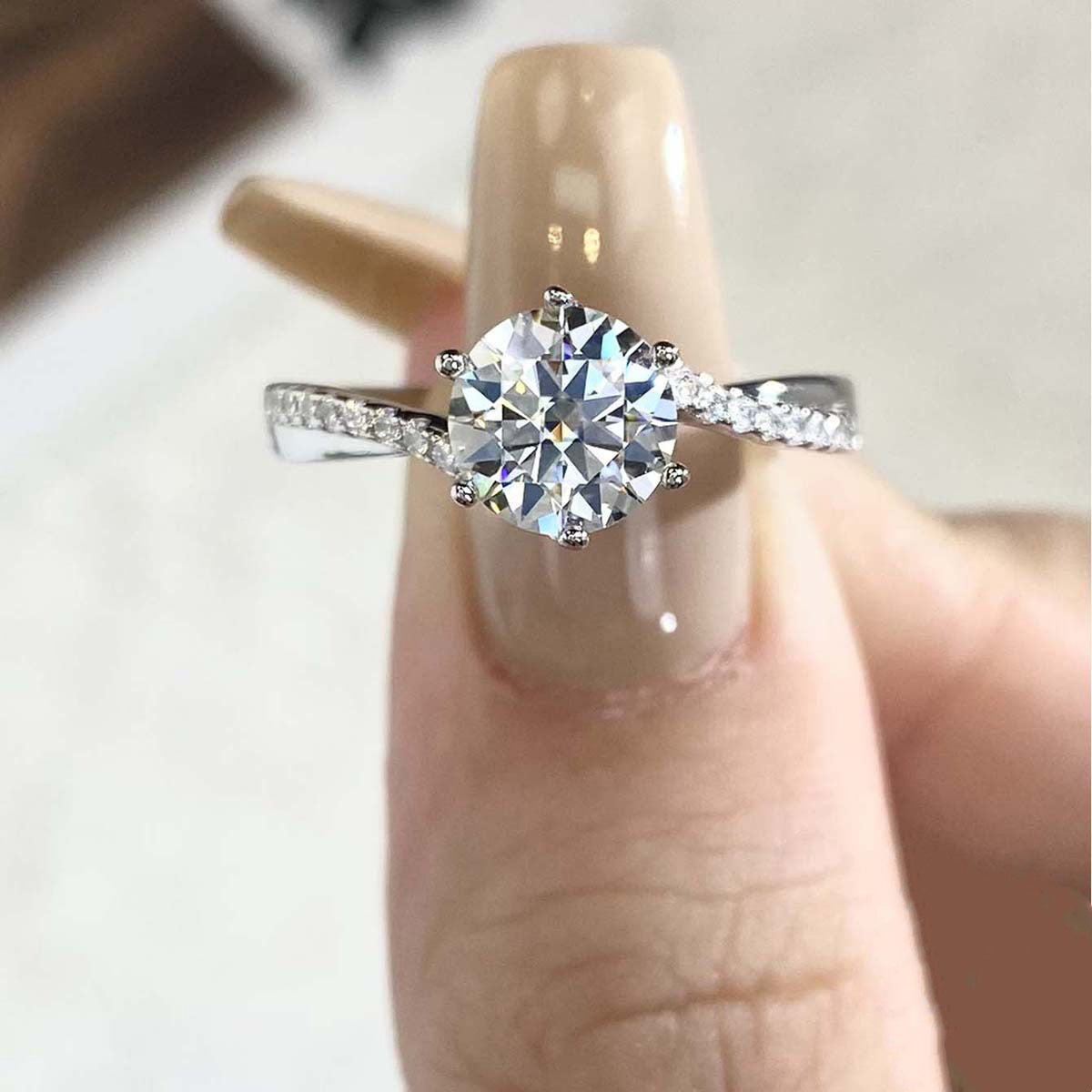 Classic Round Moissanite Engagement Ring in Sterling Silver with GRA Certificate