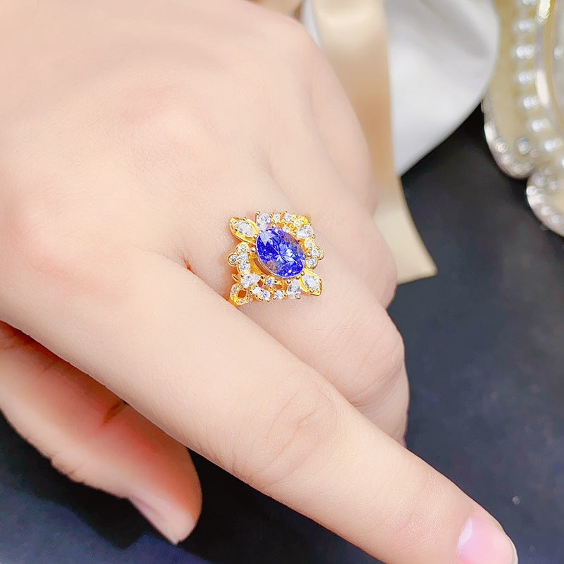 Luxurious Tanzanite Oval Engagement Ring in Sterling Silver with 18K Gold Plating