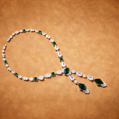 Vintage-Inspired Lab-Grown Emerald Necklace and Earrings Set in White Gold-Plated Copper