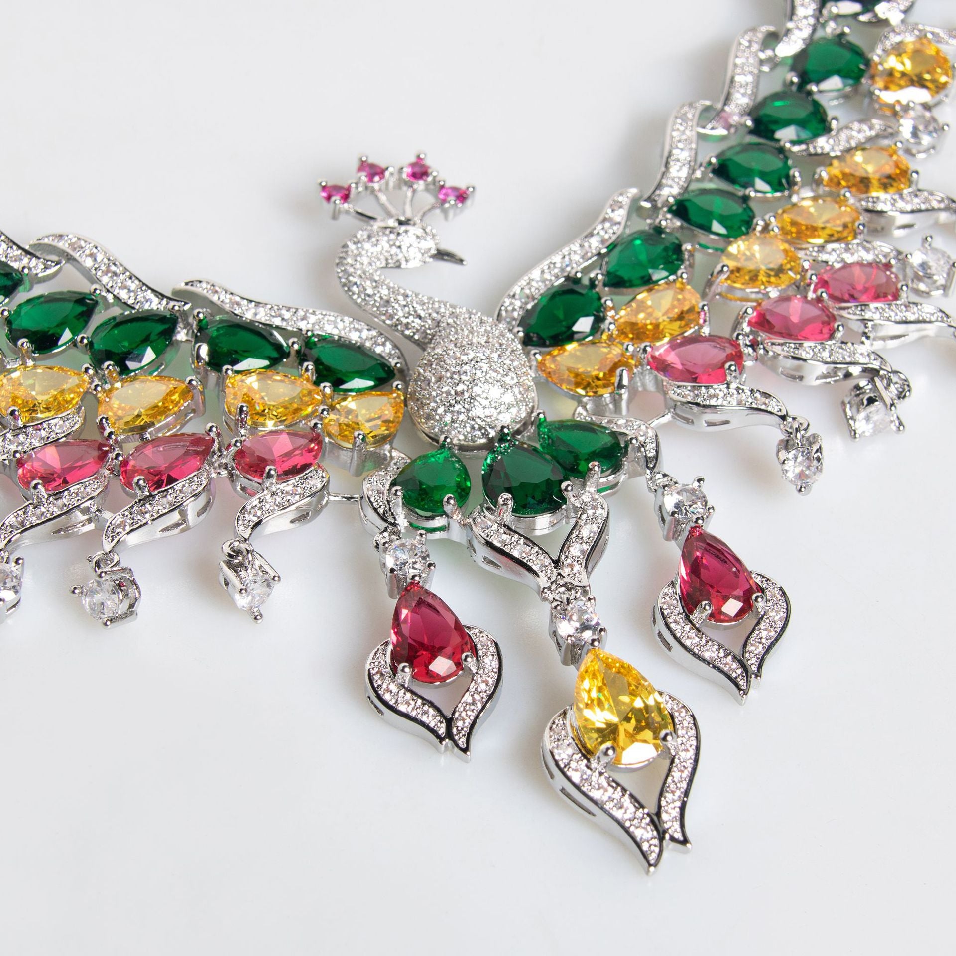 Peacock-Inspired Necklace and Earrings Set with Multi-Color Simulated Diamonds in White Gold