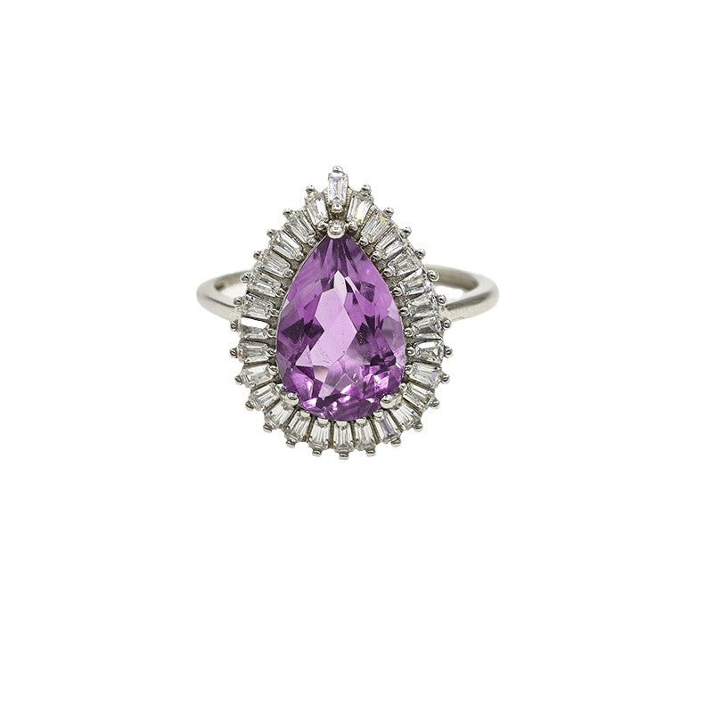 Amethyst Pear Cut Engagement Ring with Halo Design in Sterling Silver and Platinum Plating