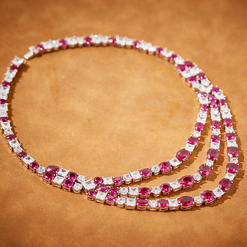 Three-Layer Rose Pink Necklace Set with Simulated Diamonds in White Gold-Plated Copper