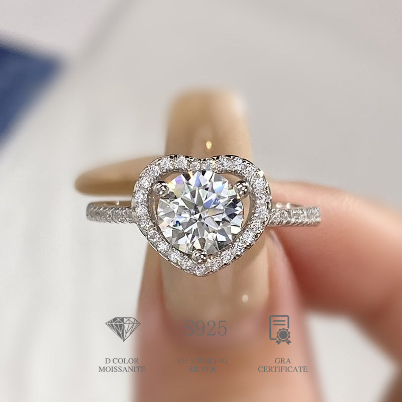 Heart Cut Moissanite Halo Engagement Ring in Sterling Silver with GRA Certificate