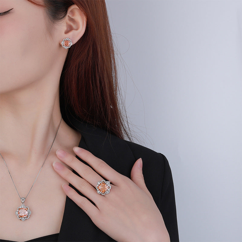 Simulated Cushion-Cut Diamond Jewelry Set in White Gold-Plated Copper