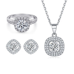 Elegant 3-Piece Sterling Silver Jewelry Set with Round Simulated Diamonds and Halo Design-Colorless