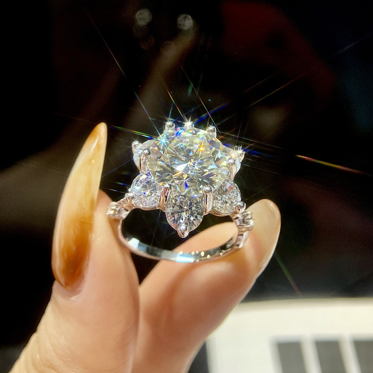 5-Carat Round Moissanite Sunburst Engagement Ring in Sterling Silver with GRA Certificate