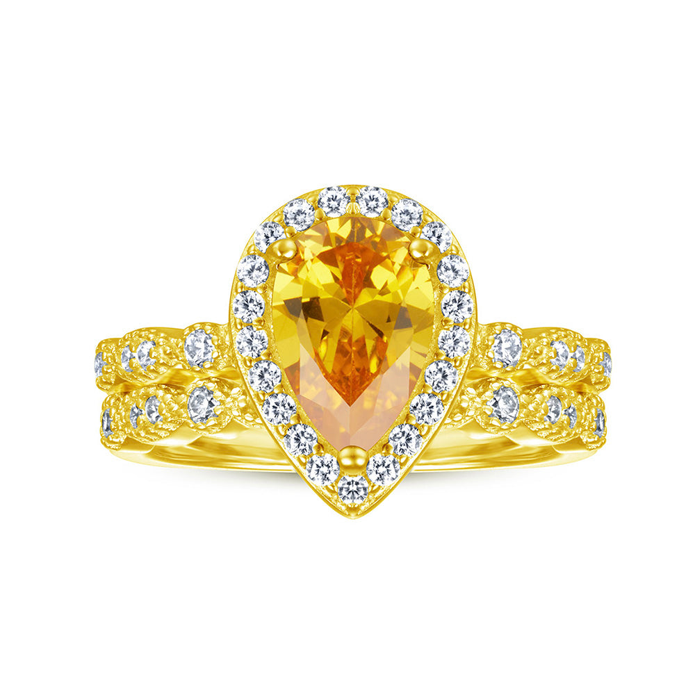 1.5-Carat Pear Cut Simulated Blue/Peach/Yellow Sapphire Wedding Set in Sterling Silver with Halo Design