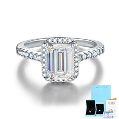 Emerald Cut 2-Carat Moissanite Halo Engagement Ring in White Gold-Plated Sterling Silver with GRA Certificate