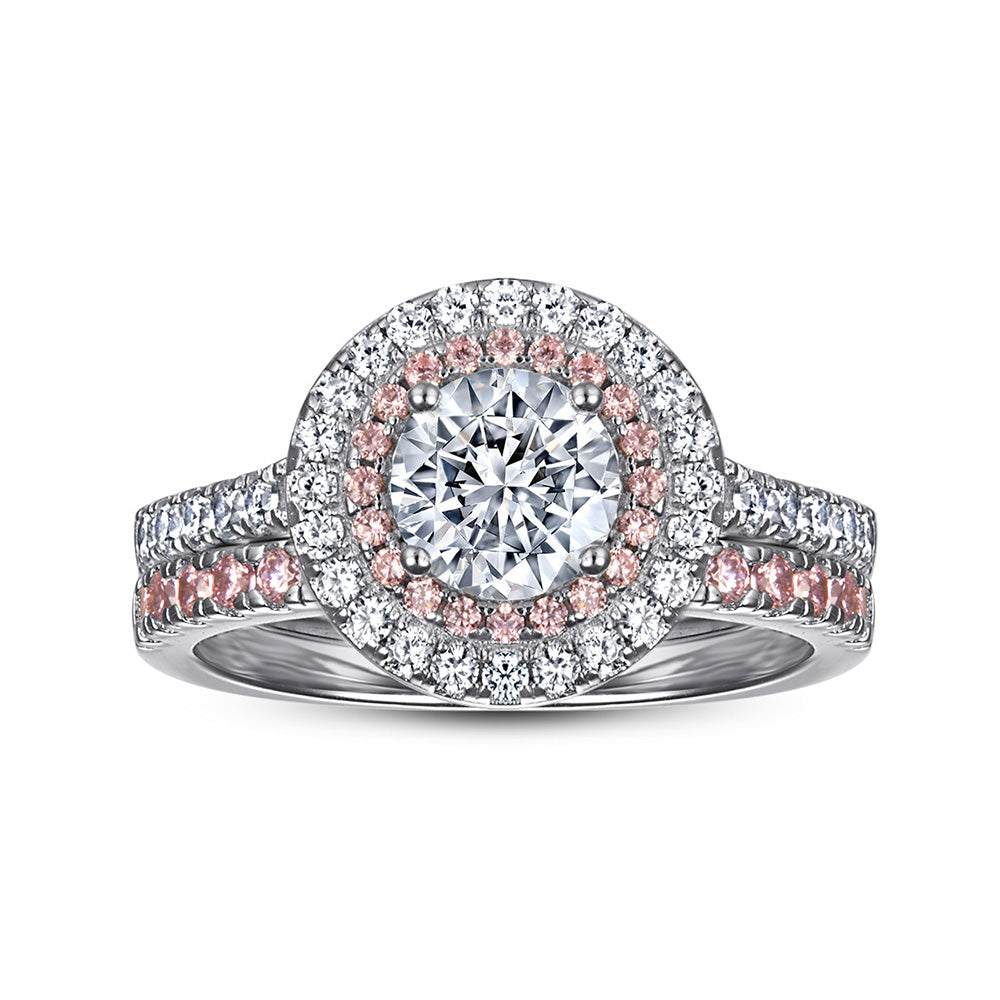 0.8-Carat Round Cut Simulated Pink & Colorless Diamond Halo Wedding Set in White Gold-Plated Sterling Silver