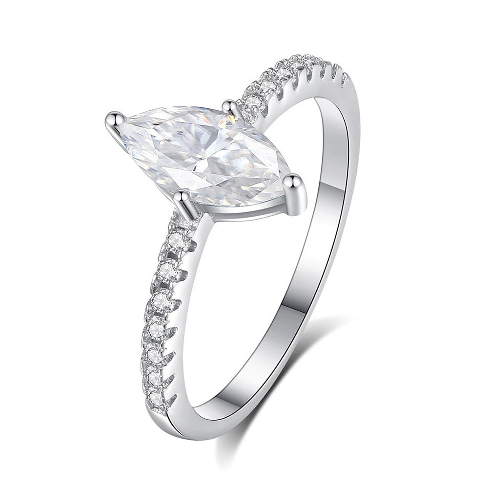 1.0 Carat Marquise Moissanite Solitaire Engagement Ring in Sterling Silver with Accents