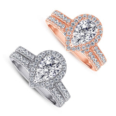 1.5-Carat Pear Cut Simulated Colorless Diamond Wedding Set in White Gold & Rose Gold-Plated Sterling Silver with Halo Design