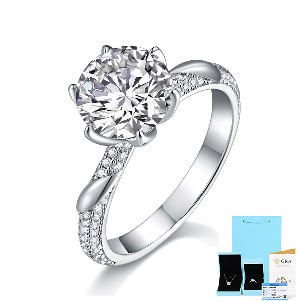 3-Carat Round Moissanite Engagement Ring in White Gold-Plated Sterling Silver with GRA Certificate