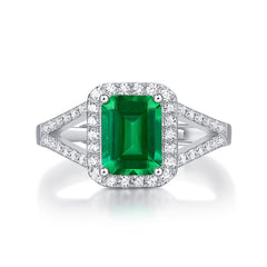 1.5-Carat Emerald Cut Simulated Emerald Engagement Ring with Halo Design