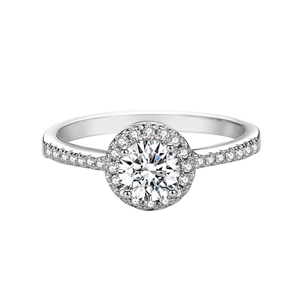 1.0 Carat Round Moissanite Halo Engagement Ring in Sterling Silver with Accents