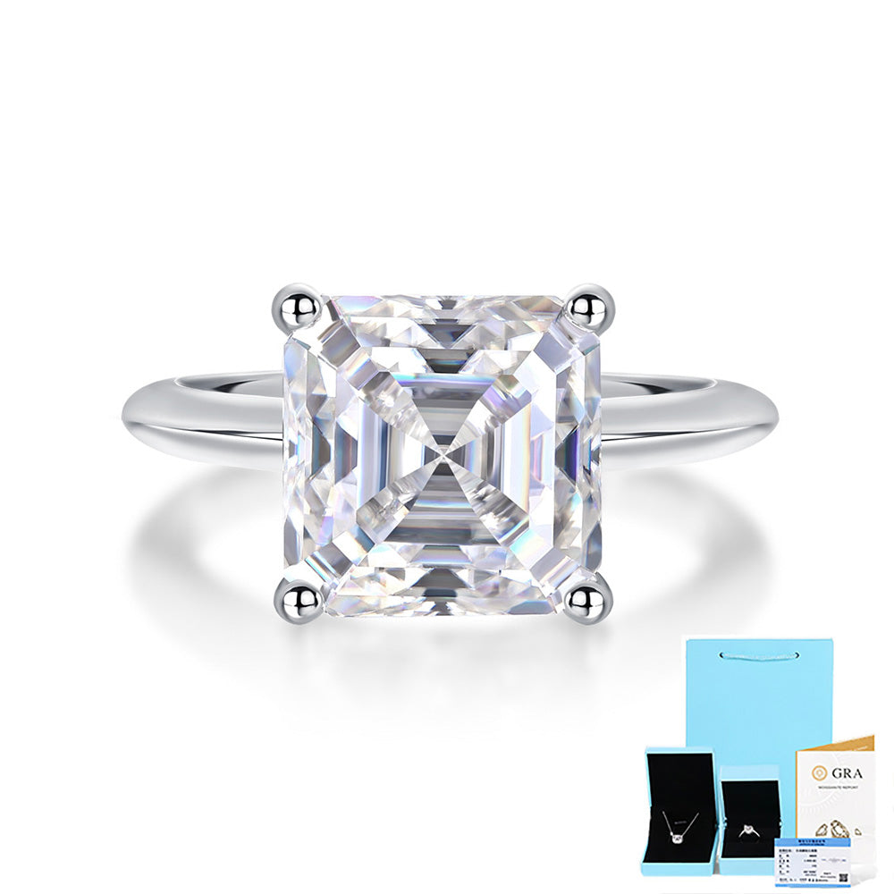 6-Carat Asscher Cut Moissanite Engagement Ring in Sterling Silver with GRA Certificate