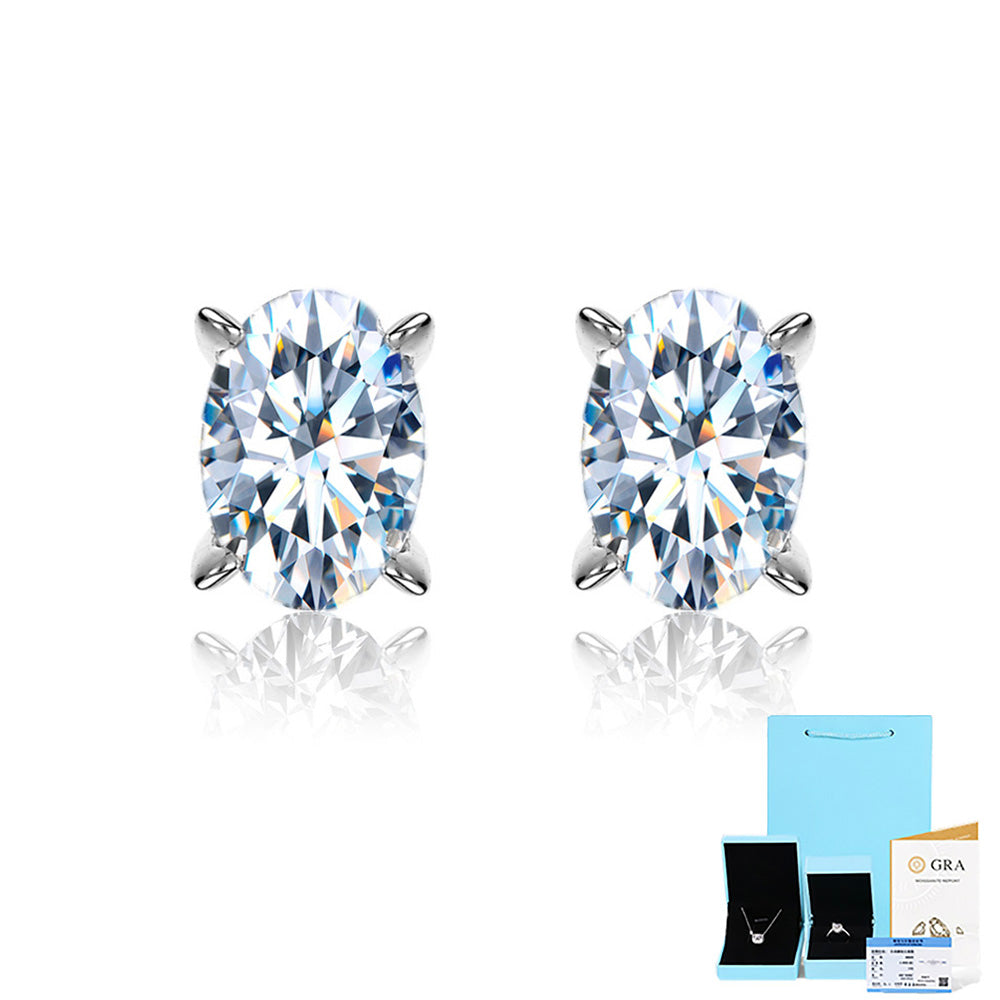 Oval Moissanite Stud Earrings in Sterling Silver with White Gold Plating with GRA Certificate