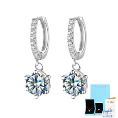 Moissanite Classic Six-Prong Drop Earrings in Sterling Silver with White Gold Plating with GRA Certificate