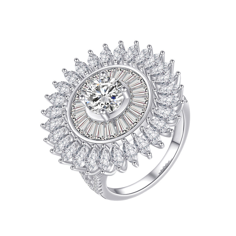 Bold Round Cut Simulated Colorless Diamond Engagement Ring with Floral Design and 4-Prong Setting