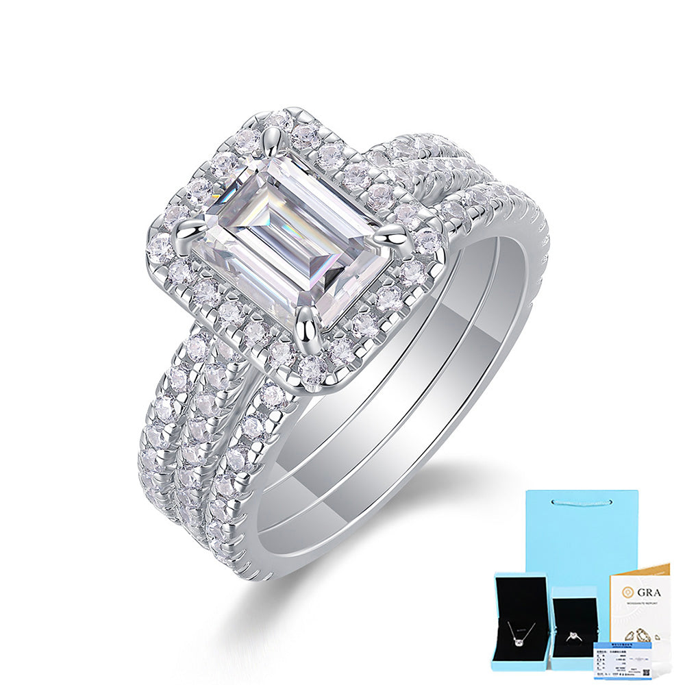 2-Carat Emerald Cut Moissanite Halo Wedding Set in Sterling Silver with GRA Certificate