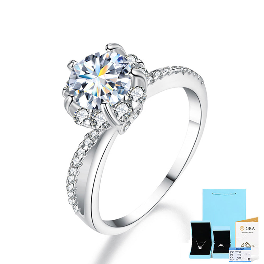 Round Moissanite Five-Prong Engagement Ring in Platinum-Plated Sterling Silver with GRA Certificate