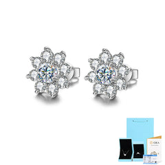 Floral Moissanite Stud Earrings in Sterling Silver with White Gold Plating with GRA Certificate