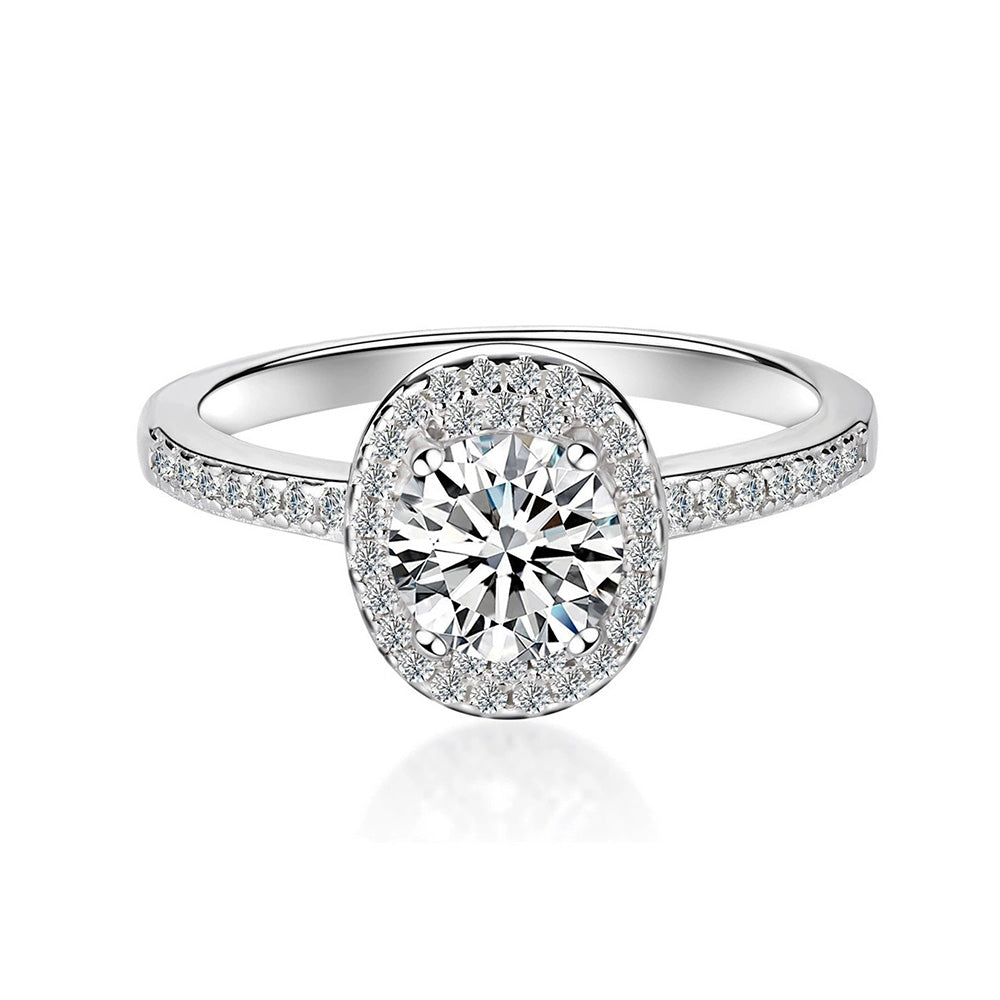 1.0 Carat Round Moissanite Halo Engagement Ring in Sterling Silver with Accents