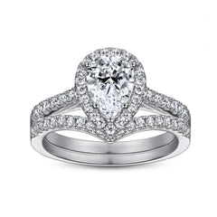 1.5-Carat Pear Cut Simulated Diamond Halo Wedding Set in White Gold-Plated Sterling Silver