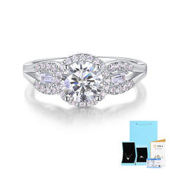 Halo Moissanite Engagement Ring in Sterling Silver with White Gold Plating with GRA Certificate