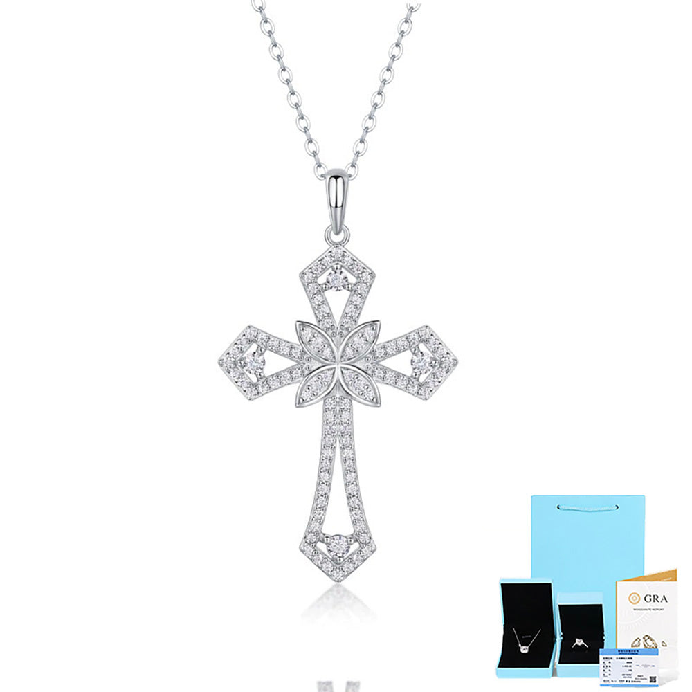 Moissanite Cross Pendant Necklace in Sterling Silver with White Gold Plating with GRA Certificate