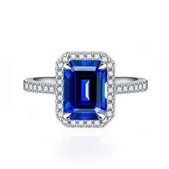 Halo, Accents 5.5-Carat Emerald Cut Sapphire Simulated Gemstone Engagement Ring