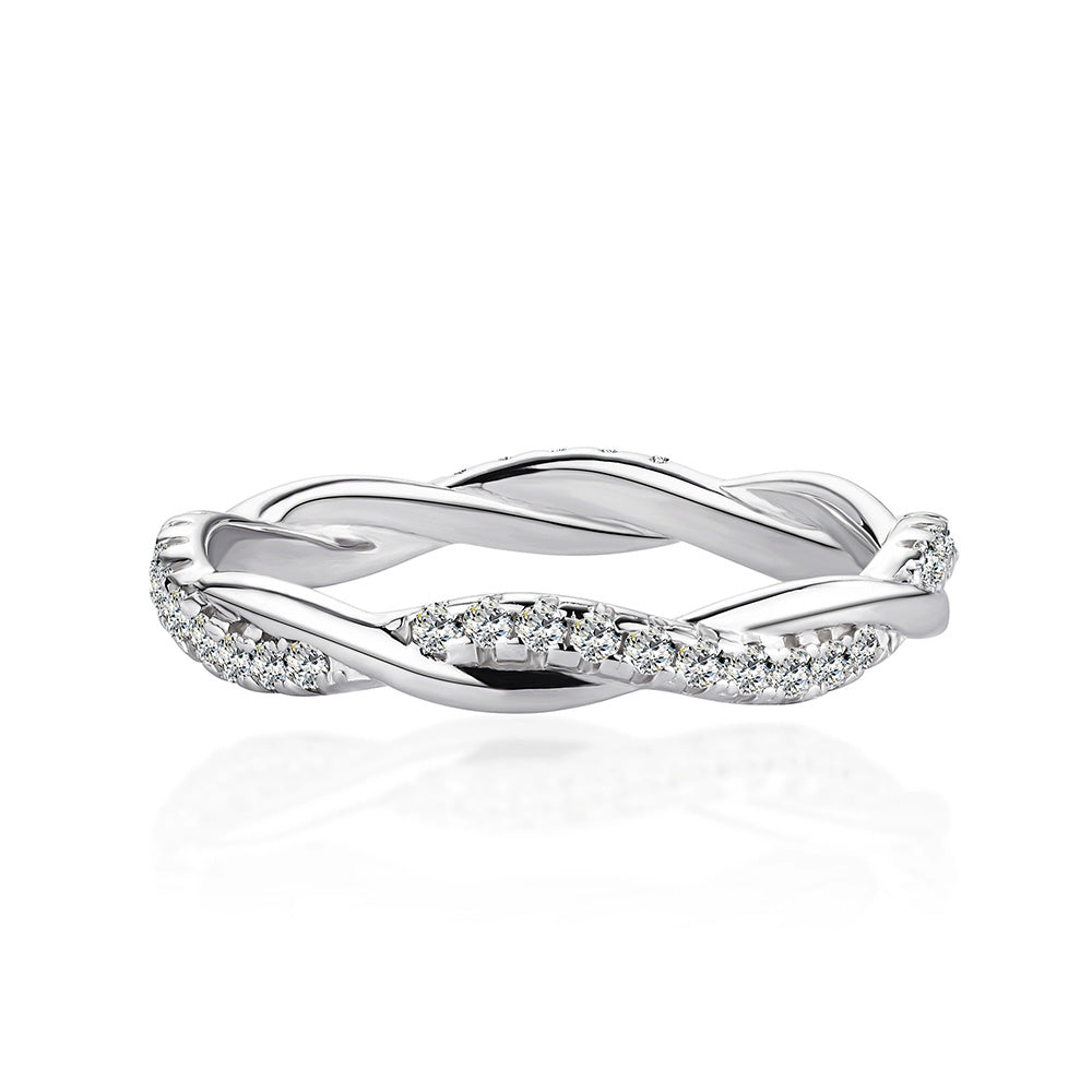 Round Moissanite Baguette Wedding Band in Sterling Silver with White Gold Plating