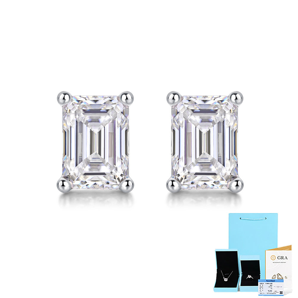 Emerald-Cut Moissanite Stud Earrings in Sterling Silver with White Gold Plating with GRA Certificate