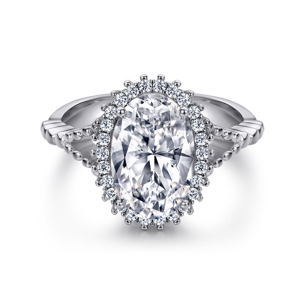 4.5-Carat Oval Cut Simulated Colorless Diamond Engagement Ring with Halo Design and 4-Prong Setting