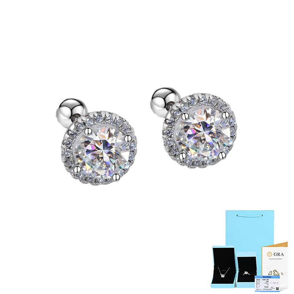 Round Moissanite Stud Earrings in Sterling Silver with White Gold Plating with GRA Certificate