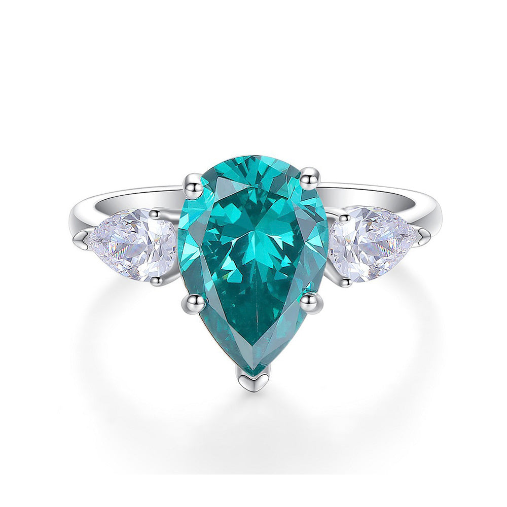 Three Stones 7.0-Carat Pear Cut Green and Colorless Simulated Diamond Engagement Ring
