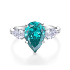 Three Stones 7.0-Carat Pear Cut Green and Colorless Simulated Diamond Engagement Ring