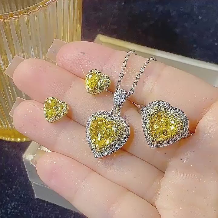 Heart-Cut Yellow Simulated Diamond Jewelry Set in White Gold-Plated Copper