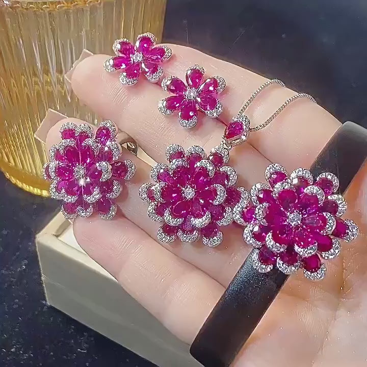 Pear-Cut Simulated Ruby Jewelry Set in White Gold-Plated Copper with Flower Design