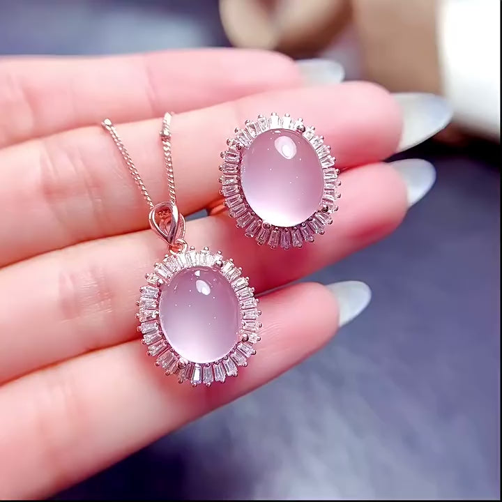 Rose Quartz Oval Cut Pendant Set in Sterling Silver with White Gold and Rose Gold Plating