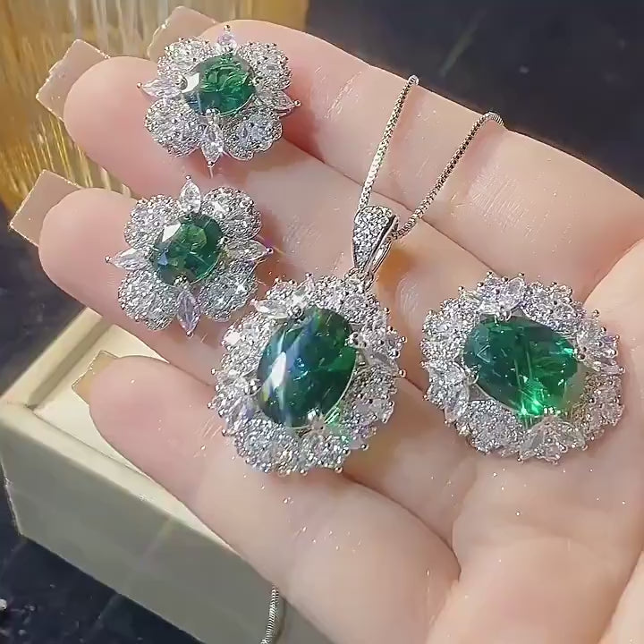 Vintage-Inspired Emerald Jewelry Set in White Gold-Plated Copper with Oval Cut Simulated Gemstones