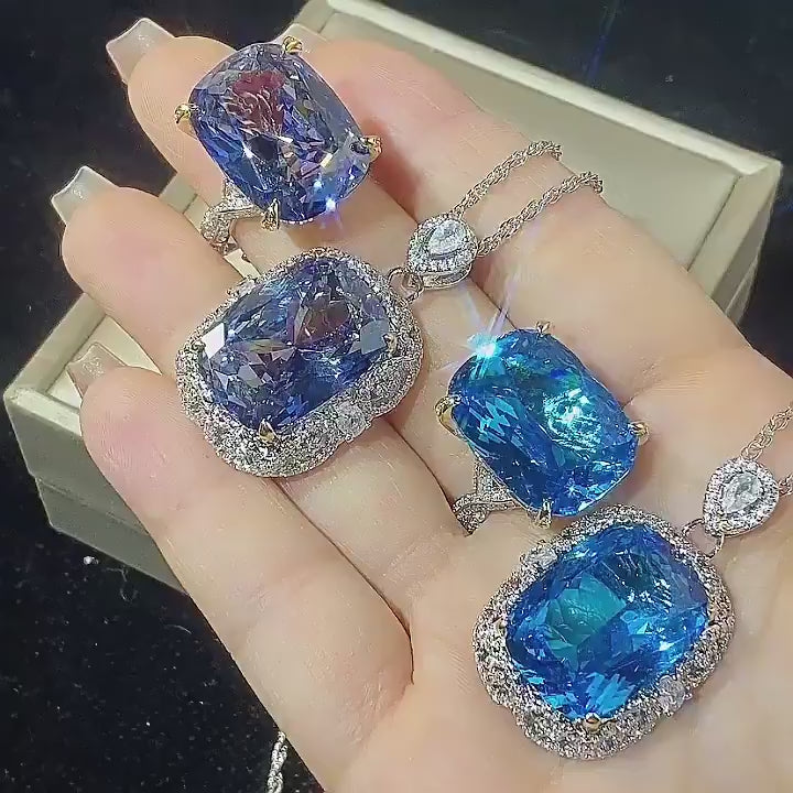 Radiant-Cut Simulated Aquamarine Jewelry Set with Solitaire and Accent Design