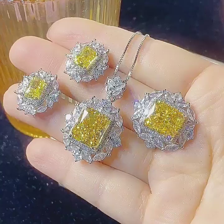 High Fashion Radiant-Cut Yellow Simulated Diamond Jewelry Set in White Gold-Plated Copper